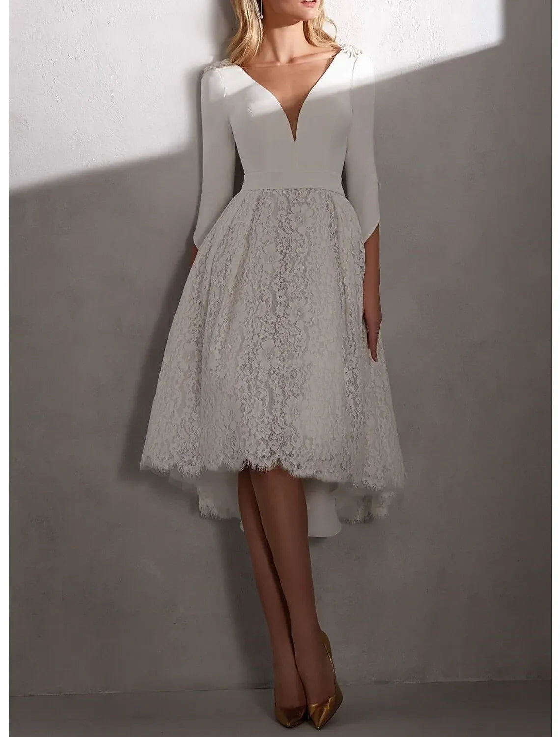 Lace Open Back Midi Wedding Dress - Yihuiw by Yihuiw