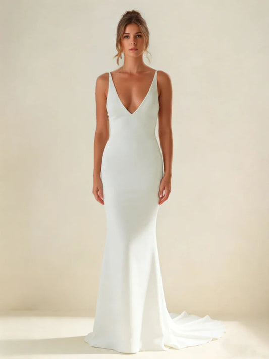 Deep V-Neck Crepe Wedding Dress with Spaghetti Straps, Cowl Back & Mermaid Train