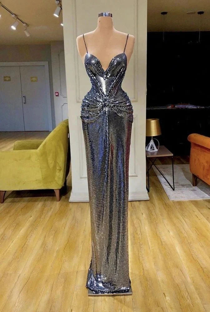 Deep V-neck slim fishtail skirt adorned with fine glitter all over suitable for high light occasions such as dinners and parties by YiHuiw