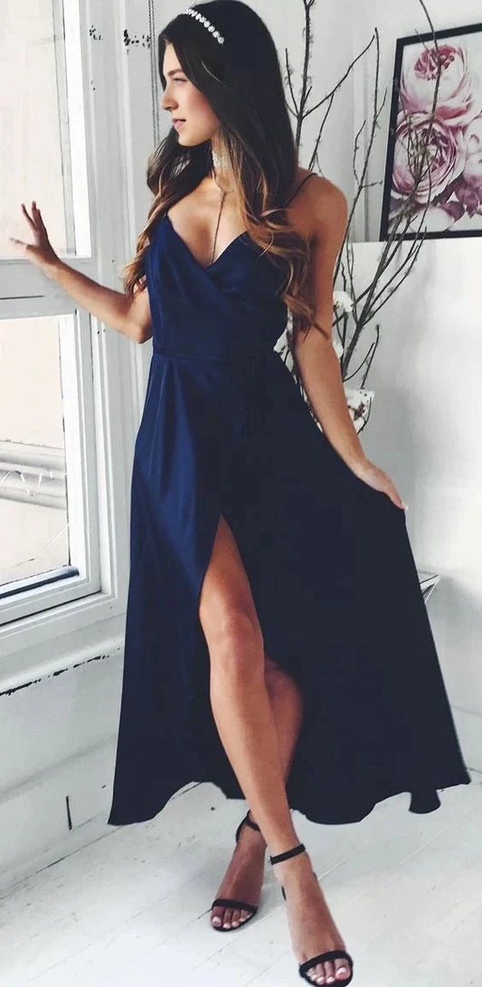 Deep blue camisole long dress with a deep V-neck design and high slit on the side, suitable for formal occasions such as dinners and parties. by YiHuiw
