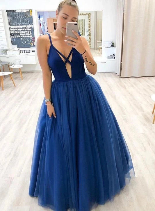 Deep blue camisole long dress with crossed thin straps on the upper body and hollowed out chest design suitable for dinners, parties, etc by YiHuiw