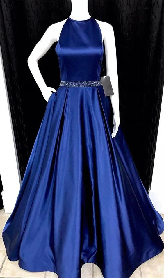 Deep blue satin dress with high neckline and sleeveless design, featuring a sparkling diamond waistband at the high waist, suitable for dinners, dances, and more by YiHuiw