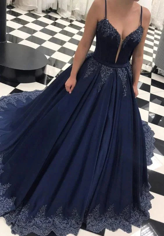 Deep blue satin dress with suspender and deep V-neck, suitable for dinners, dances, and other occasions, by YiHuiw