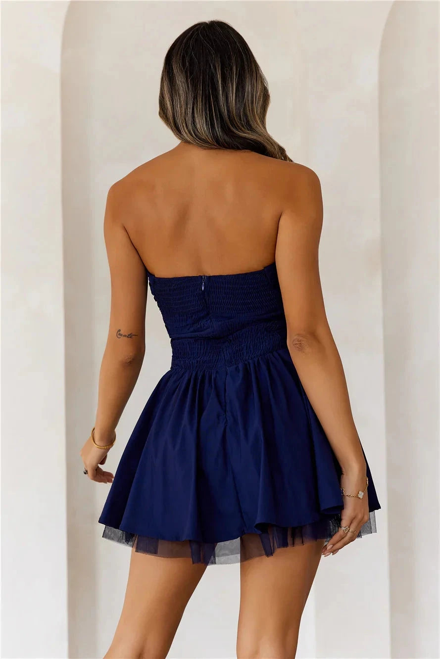 Deep blue strapless dress with pleated upper body design, suitable for parties, dates and other occasions by YiHuiw