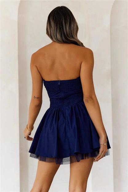 Deep blue strapless dress with pleated upper body design, suitable for parties, dates and other occasions by YiHuiw