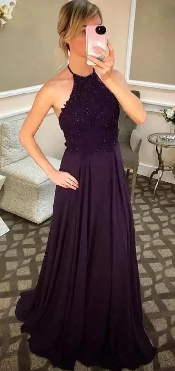 Deep purple long dress with hanging neck collar and exquisite lace and sequin decoration on the upper body, suitable for dinners, dances, etc by YiHuiw