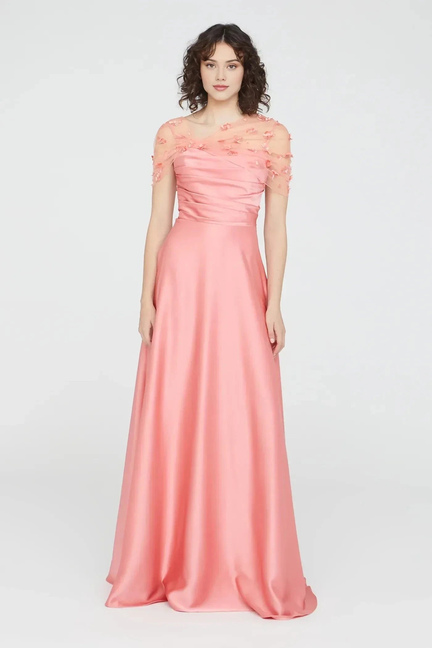 Delicate A Line Illusion Neck Short Sleeve Floral Back Floor Length Prom Dress by YiHuiw