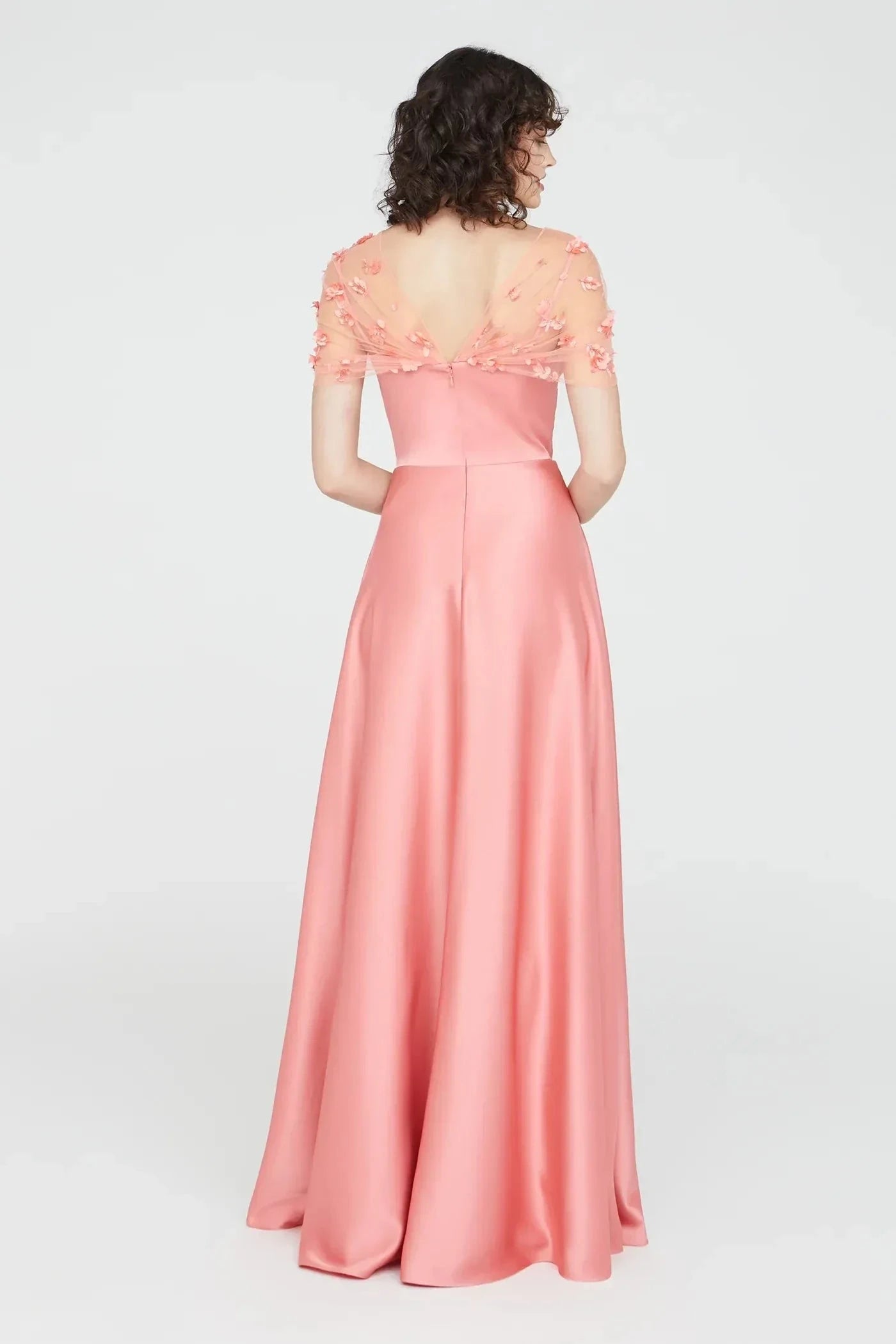Delicate A Line Illusion Neck Short Sleeve Floral Back Floor Length Prom Dress by YiHuiw