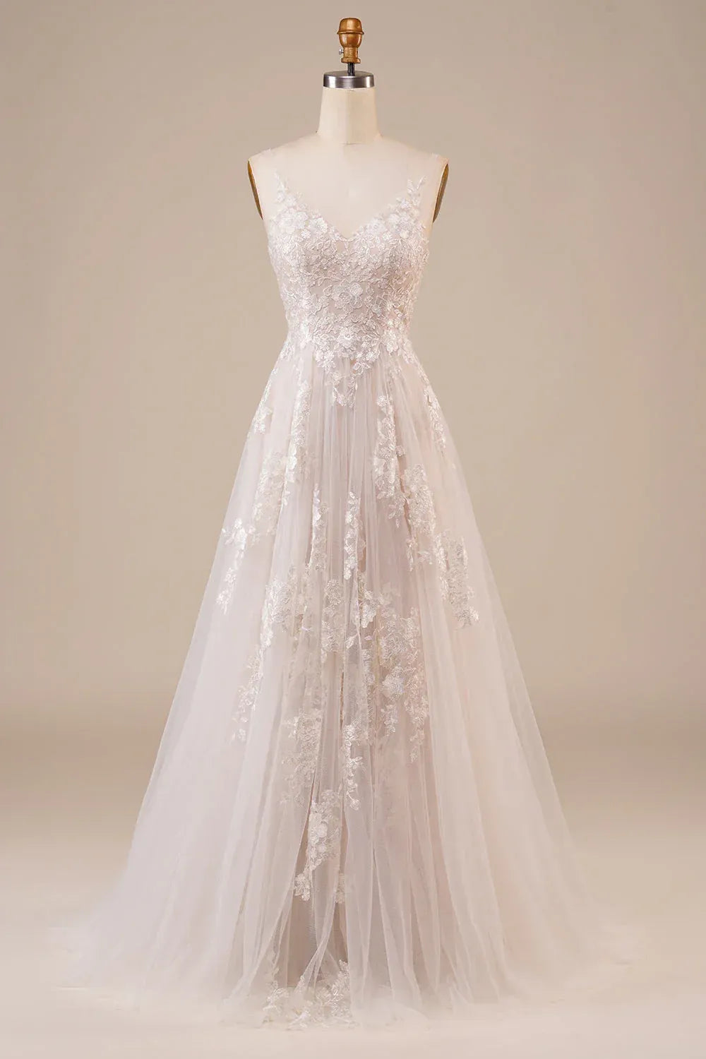 A-Line Plunging Tulle Open Back Train Wedding Dress - Yihuiw by Yihuiw