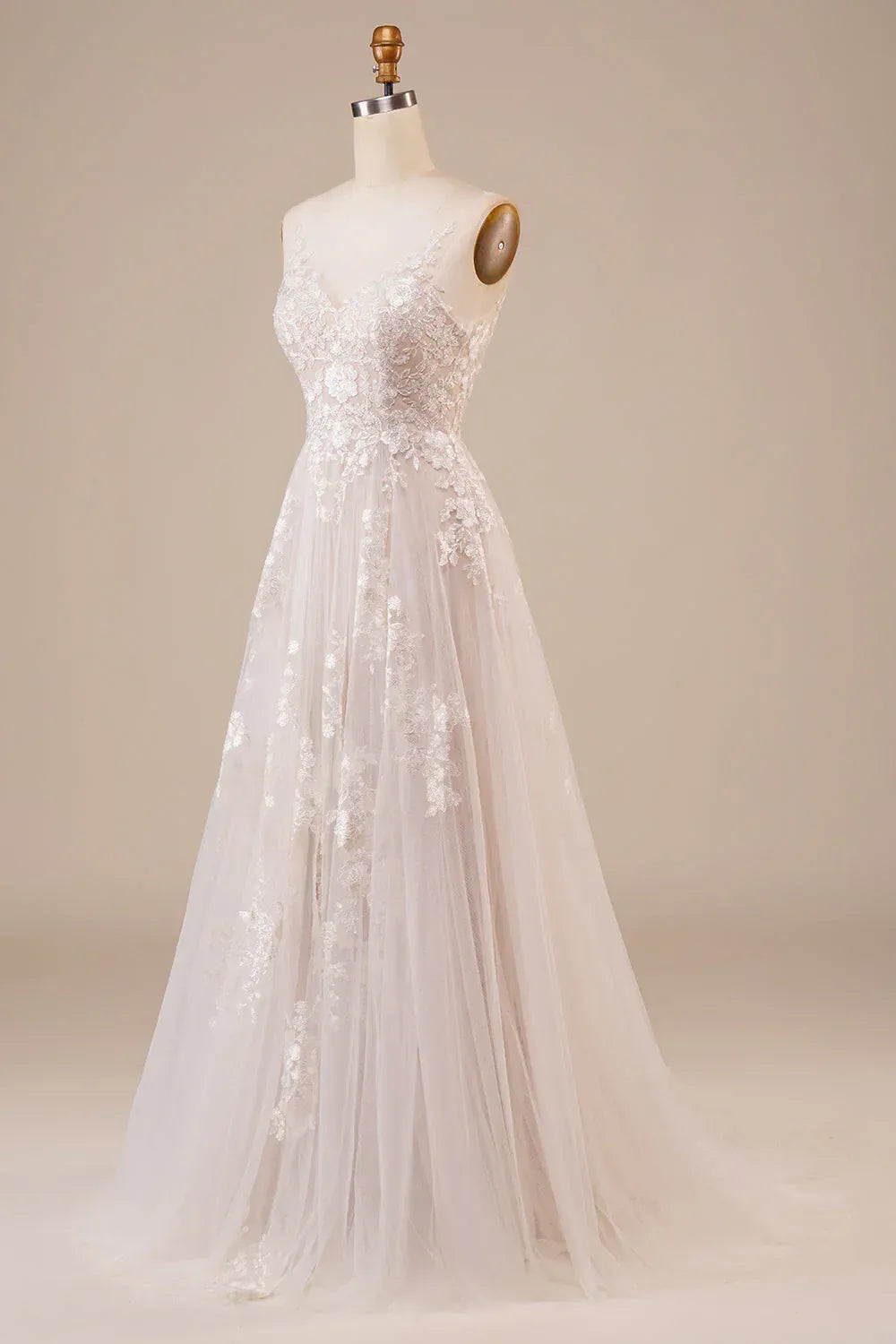 A-Line Plunging Tulle Open Back Train Wedding Dress - Yihuiw by Yihuiw