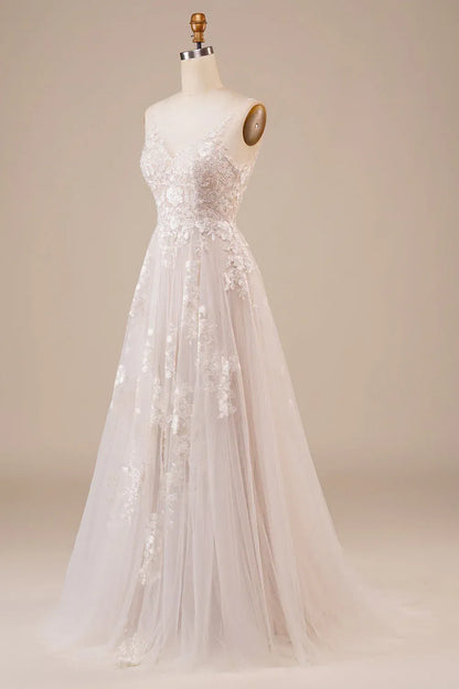 A-Line Plunging Tulle Open Back Train Wedding Dress - Yihuiw by Yihuiw