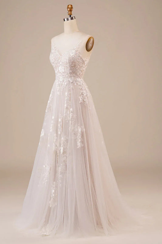 A-Line Plunging Tulle Open Back Train Wedding Dress - Yihuiw by Yihuiw