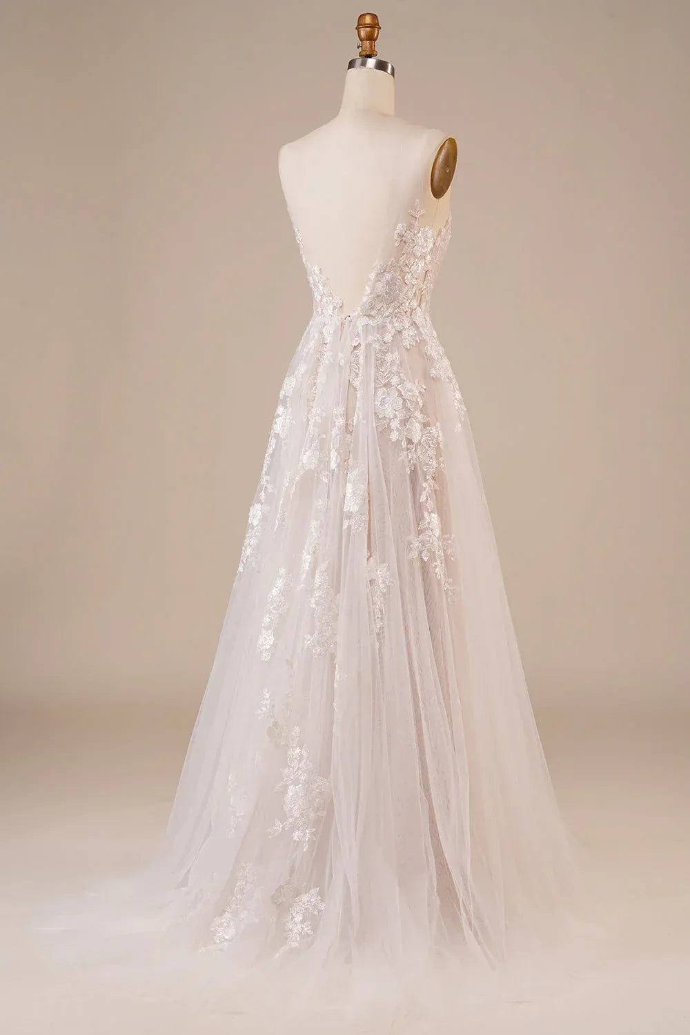 A-Line Plunging Tulle Open Back Train Wedding Dress - Yihuiw by Yihuiw