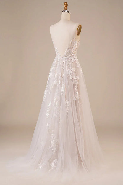 A-Line Plunging Tulle Open Back Train Wedding Dress - Yihuiw by Yihuiw