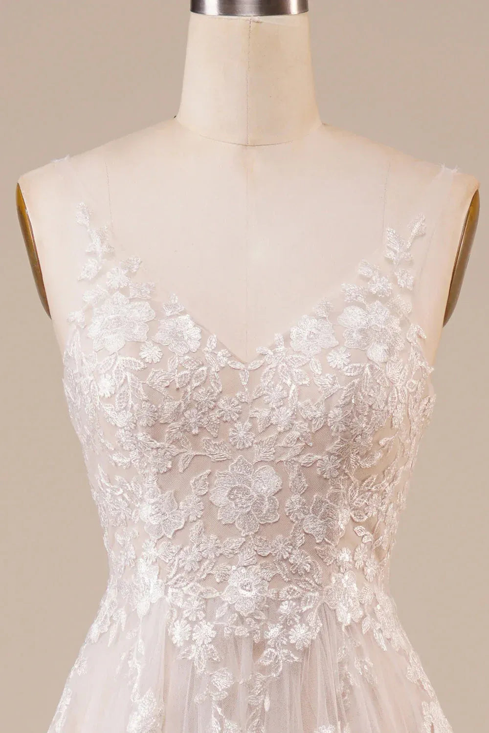 A-Line Plunging Tulle Open Back Train Wedding Dress - Yihuiw by Yihuiw