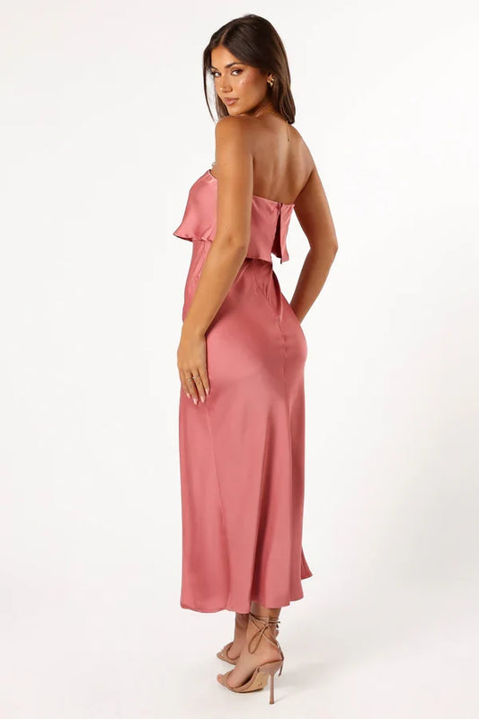 Strapless Satin High Slit Midi Wedding Dress - Yihuiw by Yihuiw