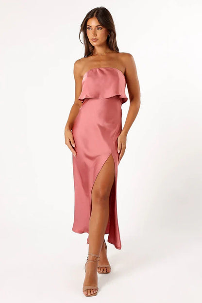 Strapless Satin High Slit Midi Wedding Dress - Yihuiw by Yihuiw