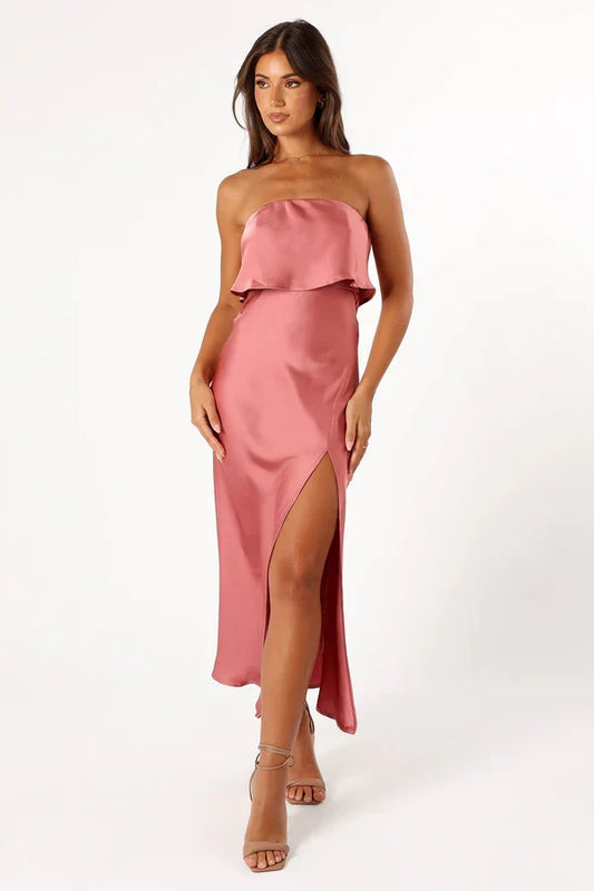 Strapless Satin High Slit Midi Wedding Dress - Yihuiw by Yihuiw