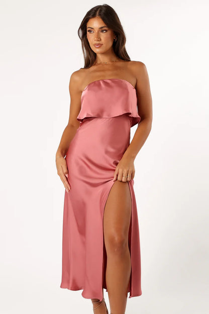 Strapless Satin High Slit Midi Wedding Dress - Yihuiw by Yihuiw