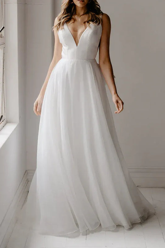 A-Line V-Neck Tulle Floor-Length Wedding Dress - Yihuiw by Yihuiw
