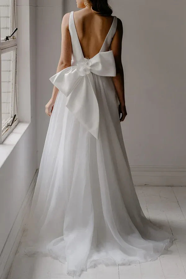 A-Line V-Neck Tulle Floor-Length Wedding Dress - Yihuiw by Yihuiw