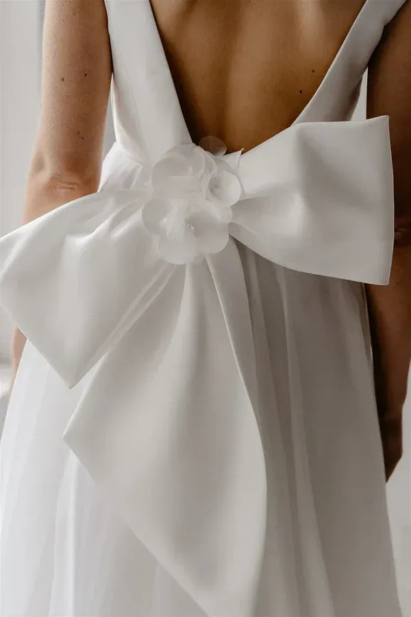 A-Line V-Neck Tulle Floor-Length Wedding Dress - Yihuiw by Yihuiw