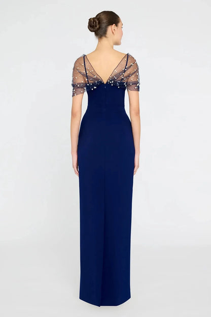 Delicate Sheath Illusion Neck Beaded Sleeve Open Back Floor Length Prom Dress by YiHuiw