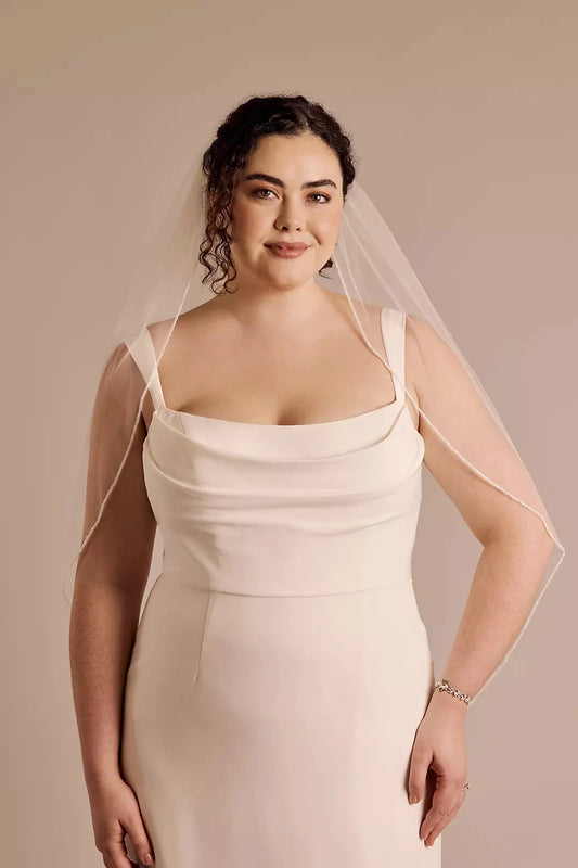 Delicate Beaded Edge Two-Tiered Fingertip Length Bridal Veil by YiHuiw