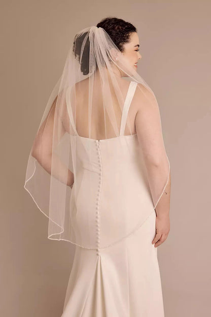 Delicate Beaded Edge Two-Tiered Fingertip Length Bridal Veil by YiHuiw