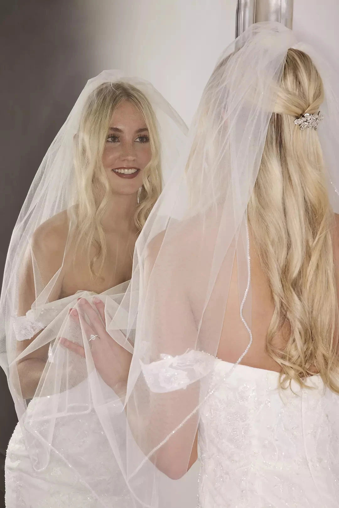 Delicate Beaded Edge Two-Tiered Fingertip Length Bridal Veil by YiHuiw