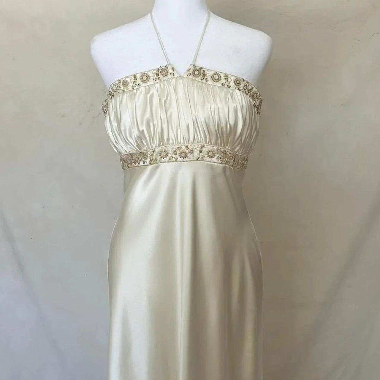 Delicate Floral Beading Spaghetti Strap Long Satin Women's Ball Gown Evening Dress simple gentle atmospheric and unique desi Bring summer colors to enhance whiteness by YiHuiw