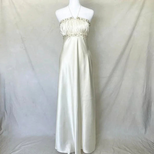 Delicate Floral Beading Spaghetti Strap Long Satin Women's Ball Gown Evening Dress simple gentle atmospheric and unique desi Bring summer colors to enhance whiteness by YiHuiw