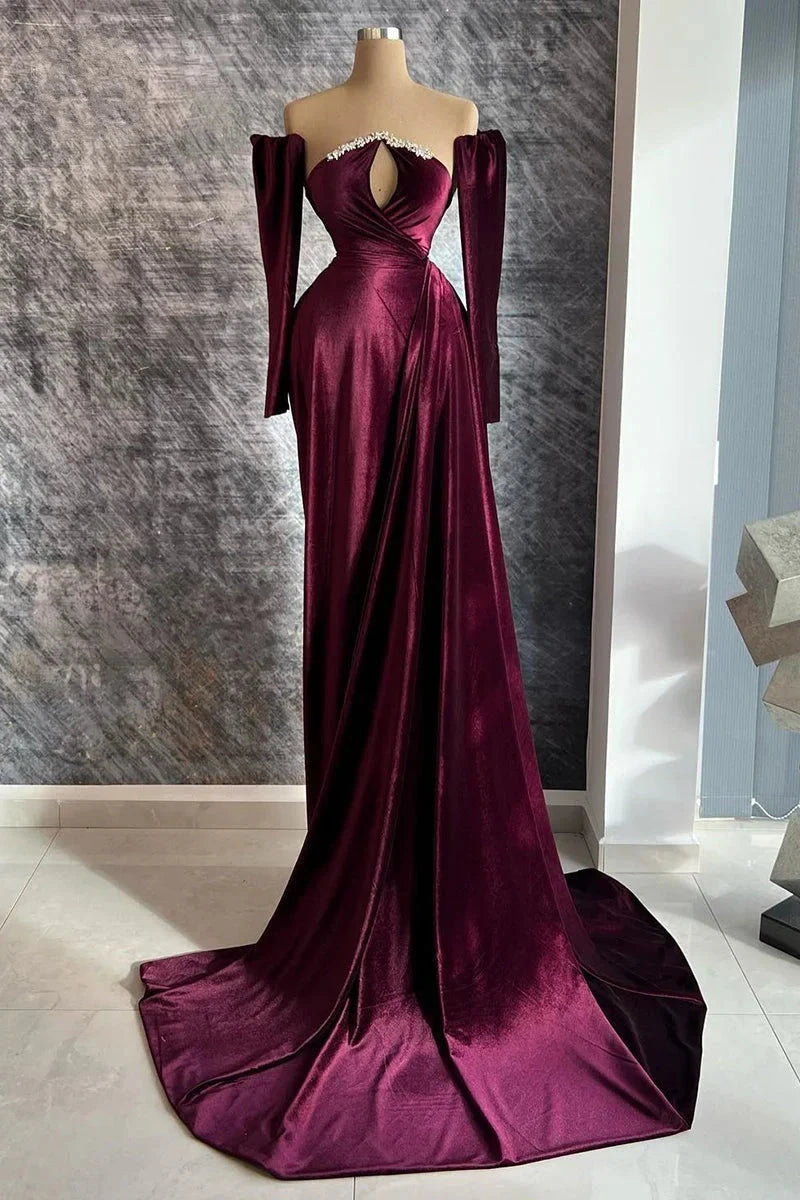 Designer Burgundy Velvet Long Sleeves Prom Dress With TrainGala Dresses Elegant simple gentle atmospheric and unique desi Bring summer colors to enhance whiteness by YiHuiw
