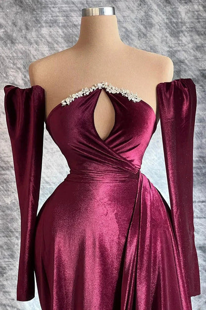 Designer Burgundy Velvet Long Sleeves Prom Dress With TrainGala Dresses Elegant simple gentle atmospheric and unique desi Bring summer colors to enhance whiteness by YiHuiw