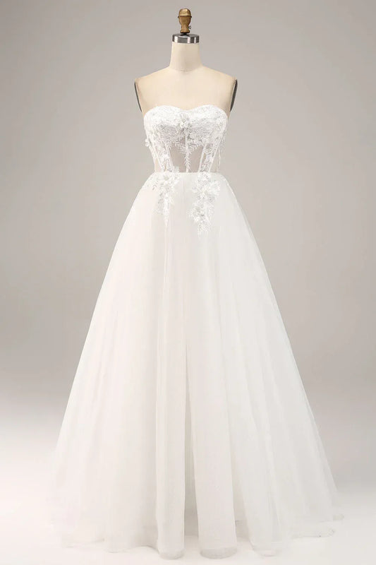 A-Line Sweetheart Tulle Lace-Up Back Train Wedding Dress - Yihuiw by Yihuiw
