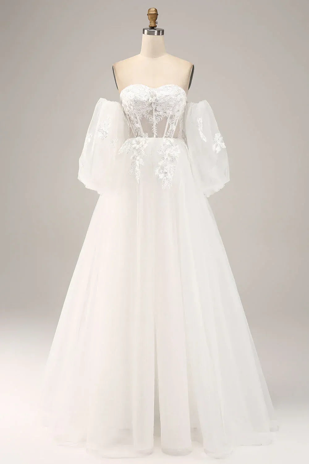 A-Line Sweetheart Tulle Lace-Up Back Train Wedding Dress - Yihuiw by Yihuiw