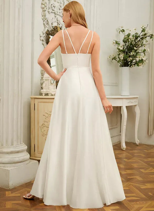 Spaghetti Strap Satin High Slit Wedding Dress - Yihuiw by Yihuiw