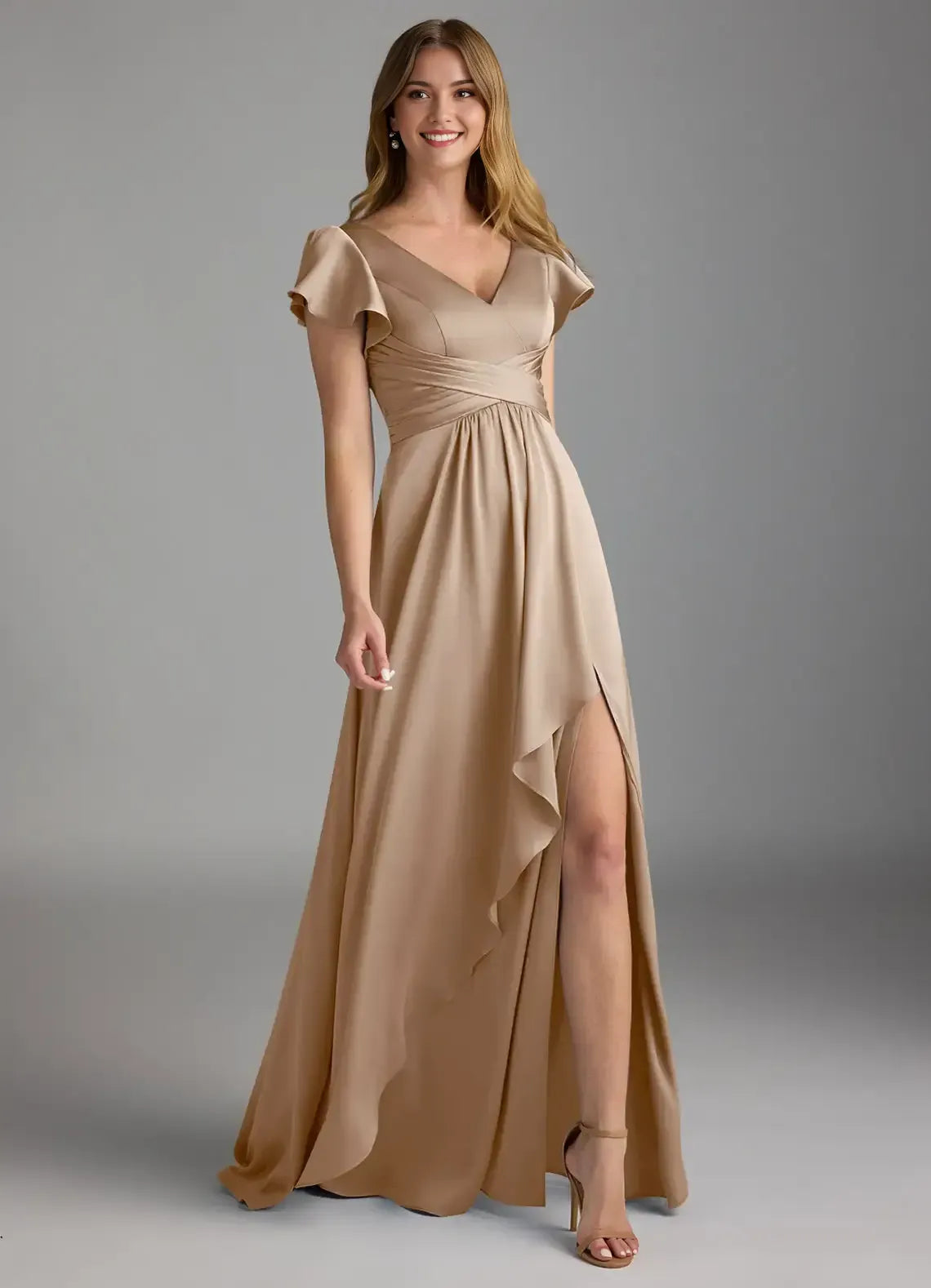 A-Line Satin Short Sleeve High Slit Mini Wedding Dress - Yihuiw by Yihuiw