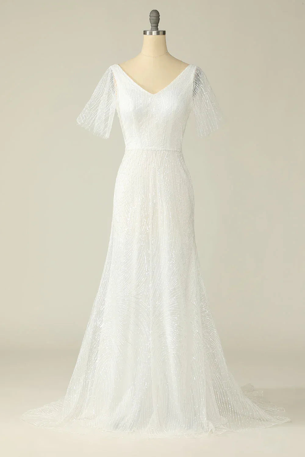 Mermaid V-Neck Tulle Short Sleeve Train Mini Wedding Dress - Yihuiw by Yihuiw