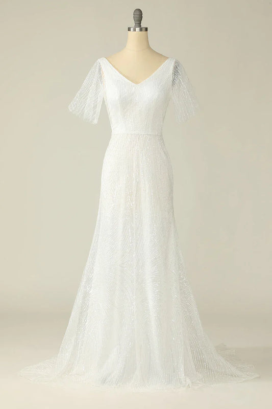 Mermaid V-Neck Tulle Short Sleeve Train Mini Wedding Dress - Yihuiw by Yihuiw