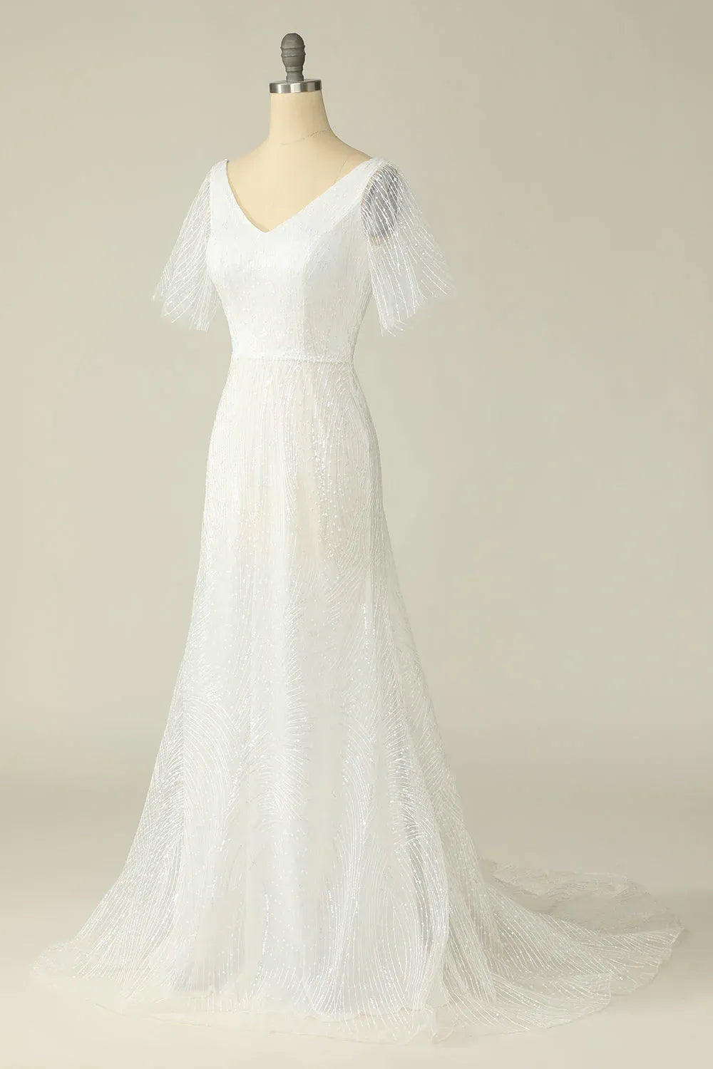 Mermaid V-Neck Tulle Short Sleeve Train Mini Wedding Dress - Yihuiw by Yihuiw