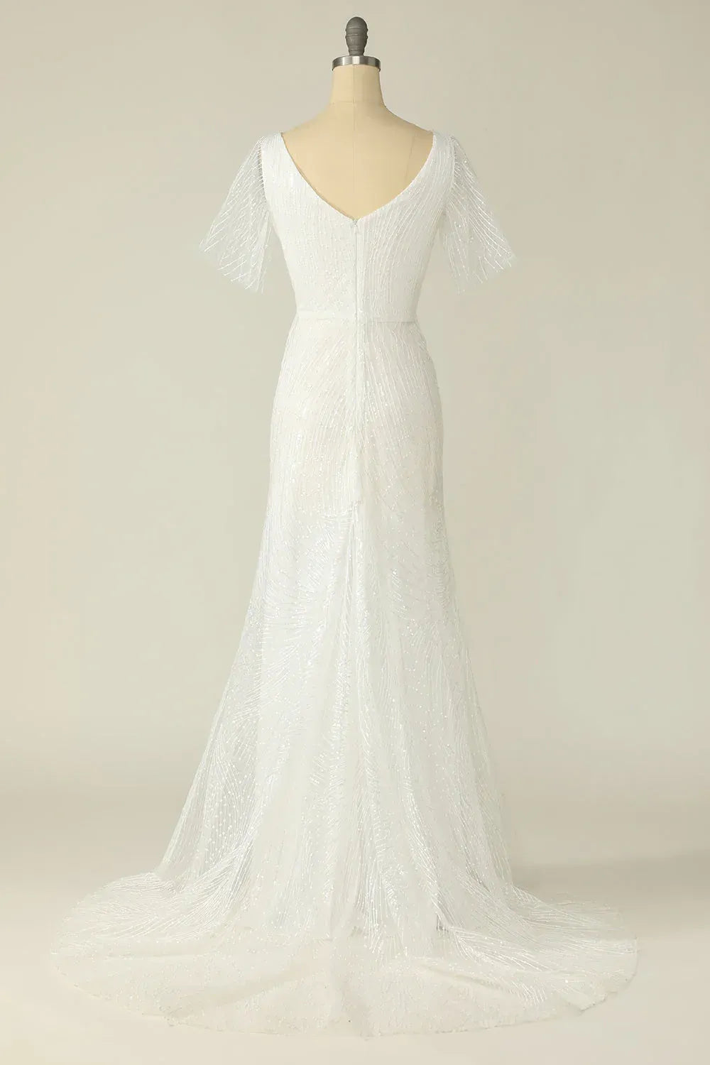 Mermaid V-Neck Tulle Short Sleeve Train Mini Wedding Dress - Yihuiw by Yihuiw