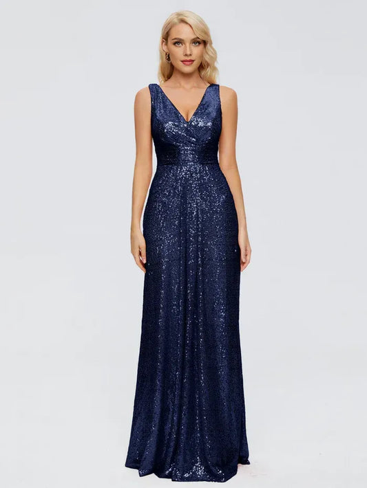 A-Line V-Neck Sequin Sleeveless Ruched Wedding Dress - Yihuiw by Yihuiw