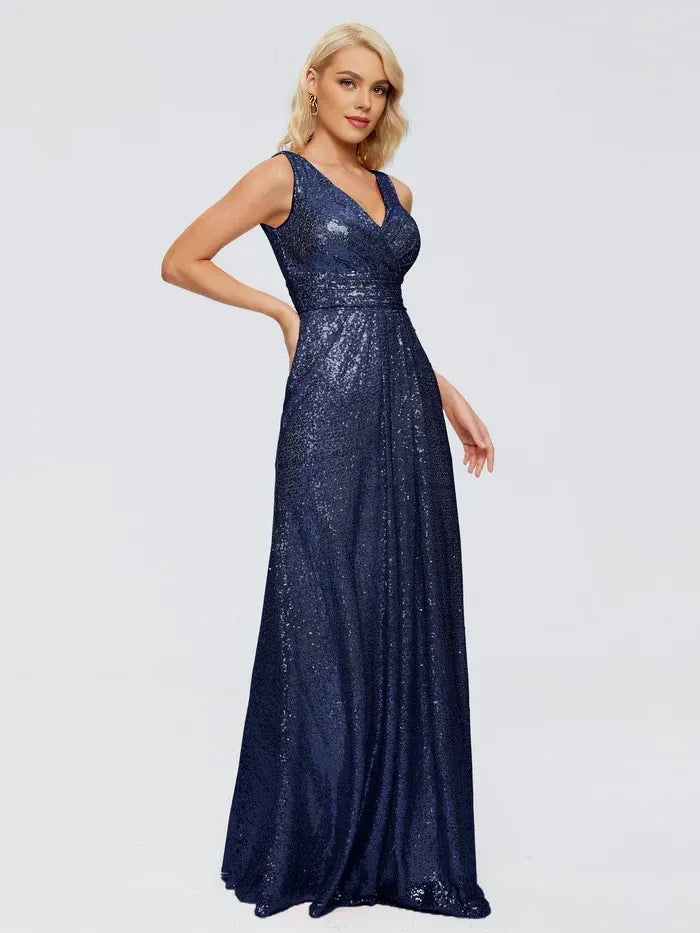 A-Line V-Neck Sequin Sleeveless Ruched Wedding Dress - Yihuiw by Yihuiw