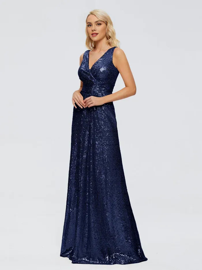 A-Line V-Neck Sequin Sleeveless Ruched Wedding Dress - Yihuiw by Yihuiw