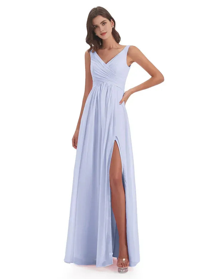 A-Line V-Neck Chiffon Sleeveless High Slit Wedding Dress - Yihuiw by Yihuiw