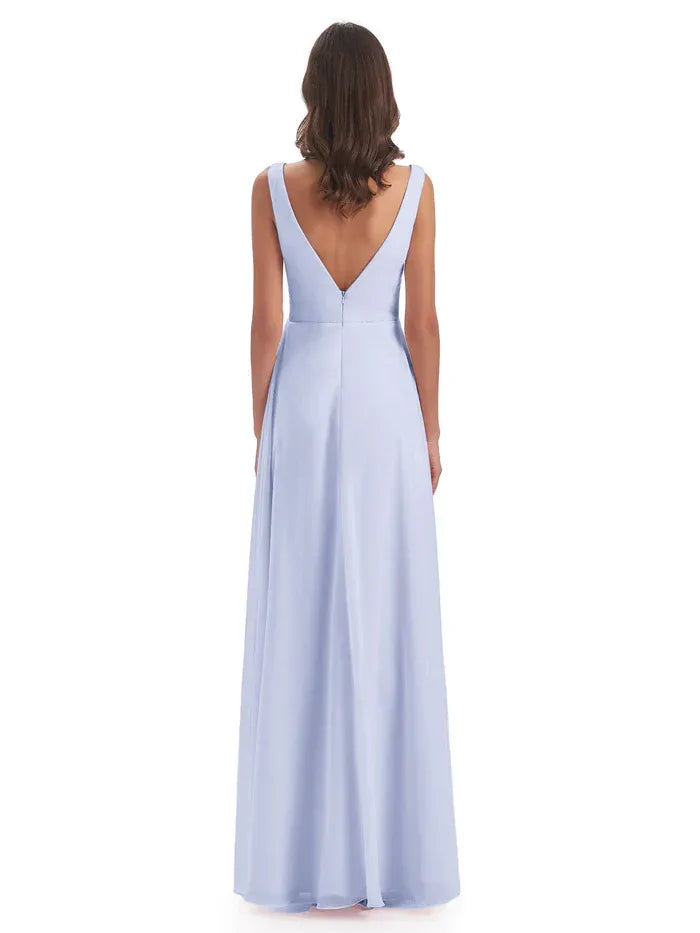 A-Line V-Neck Chiffon Sleeveless High Slit Wedding Dress - Yihuiw by Yihuiw