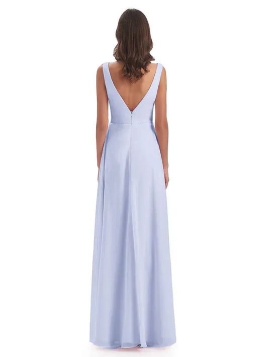 A-Line V-Neck Chiffon Sleeveless High Slit Wedding Dress - Yihuiw by Yihuiw