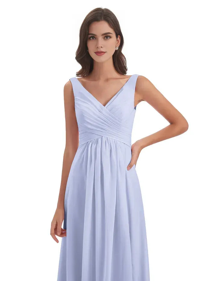 A-Line V-Neck Chiffon Sleeveless High Slit Wedding Dress - Yihuiw by Yihuiw