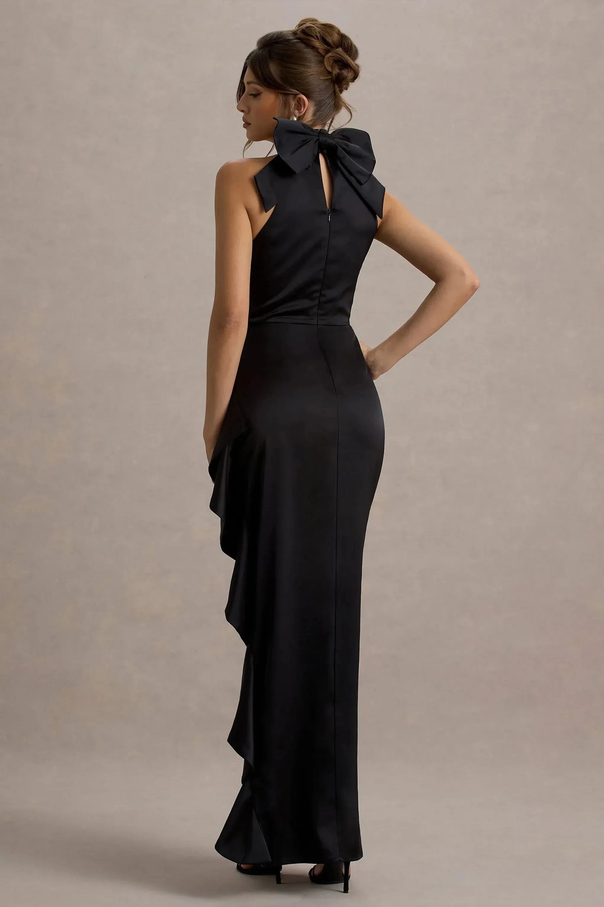 Dramatic Mermaid Halter Neck Sleeveless Bow Accent Ruffled High Slit Floor Length Prom Dress by YiHuiw